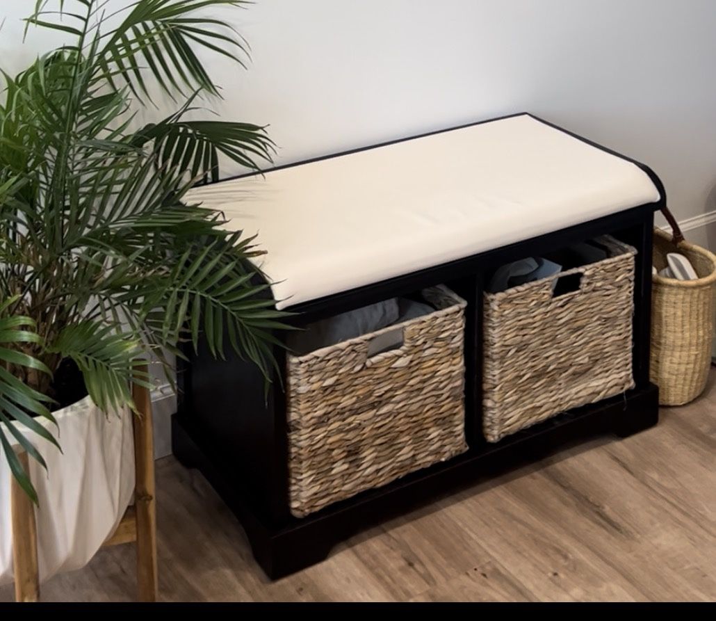 Black/ Wicker Basket 2-Drawer Storage Bench with Cushion