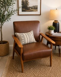 Mid-Century Modern Accent Chair – Brown Faux Leather & Wood Frame