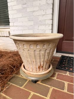 Large New England Pottery Ceramic Planter w/ Rolling Plant Caddy