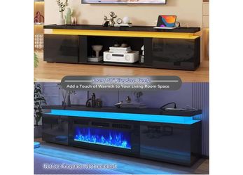 😀 Fireplace TV Stand for 90" TV, 80 " LED TV Stand with 50" Electric Fireplace , High Gloss Surface, 2 Storage Cabinet, Modern Style,80 Inch Widthx20