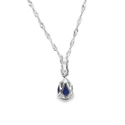 18k White Gold Diamond Twisted Curb Chain & Blue Sapphire Pendant 1/5 ctw