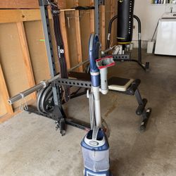 COMBO - Boxing Bag, Squat Rack With Adjustable Bench, Weights, Barbell, And Shark Vacuum Cleaner