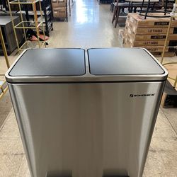 SONGMICS 2 x 8 Gallon (2 x 30 L) Garbage Can 2 Compartments Plastic Hinged Lids w/ 15 Trash Bags - Silver