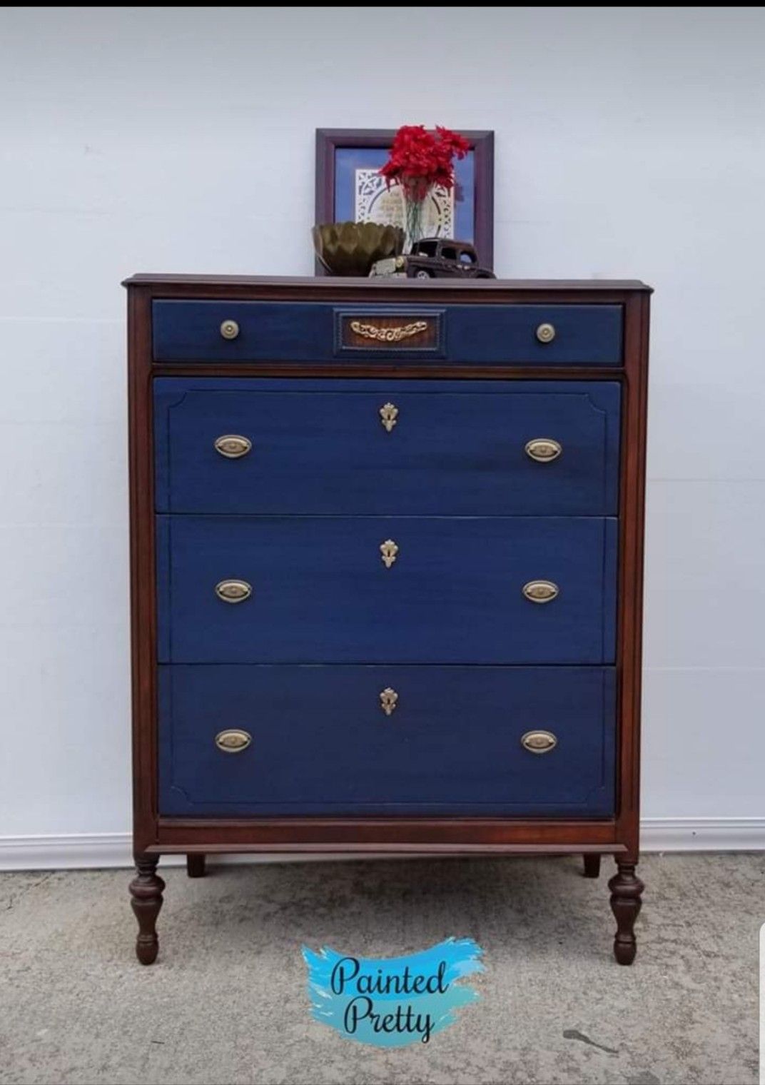 Vintage blue and walnut stained dresser