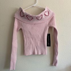 Madden Girl Light Pink Ribbed Off-Shoulder Heart Trim Sweaters