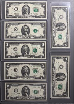7 Consecutive Sequential $2 Bills – Serial Number Set