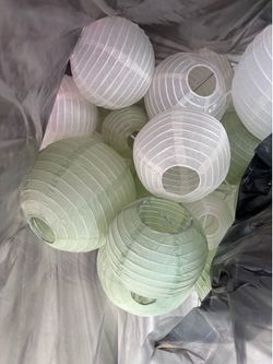 Sage green & white hanging lantern string decor.