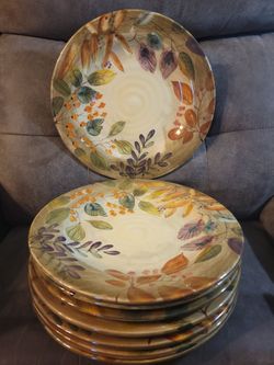 8 Shadowwood Dinner Plates 11" Home Trends Ceramic Brown Green Tan Orange
