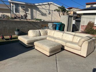 Cream Leather Sectional Sofa with Ottoman