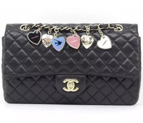 Authentic Chanel Valentine Charm Lambskin Shoulder Bag 10” for