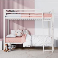Loft Bunk Bed Twin Over Twin Size, White Heavy Duty Metal Slats Support, Z-10