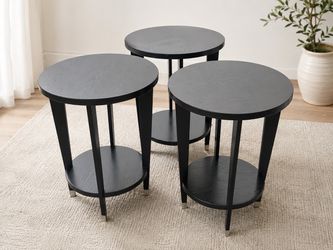 Set of 3 Black Round Nesting Side Tables with Lower Shelves.