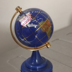 Rotating Globe Inlaid Lapislazuli Semi Precious Gem Stones Brass Stand.