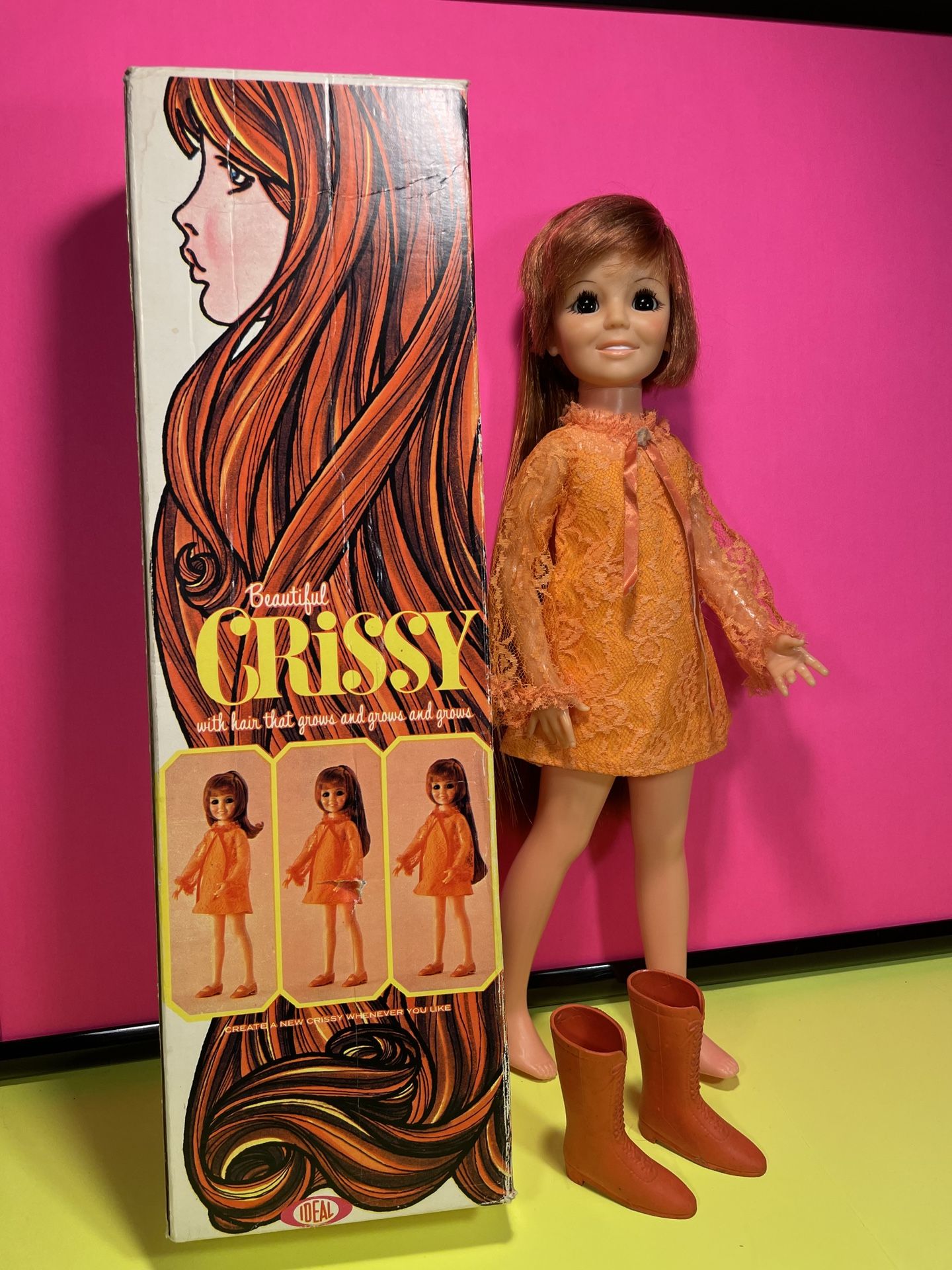 Vintage 70s crissy doll with box and boots good condition All proceeds go towards my cancer treatment and recovery. Thank you and god bless