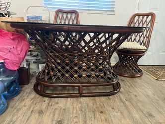 Vintage Rattan Wood Dining table with mirror top