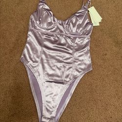 New Medium Purple pastel  Lavender Satin Festival Bodysuit Lingerie Top Outfit 