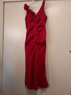 La Scala Red Satin One Shoulder Rosette Evening Gown Maxi Dress