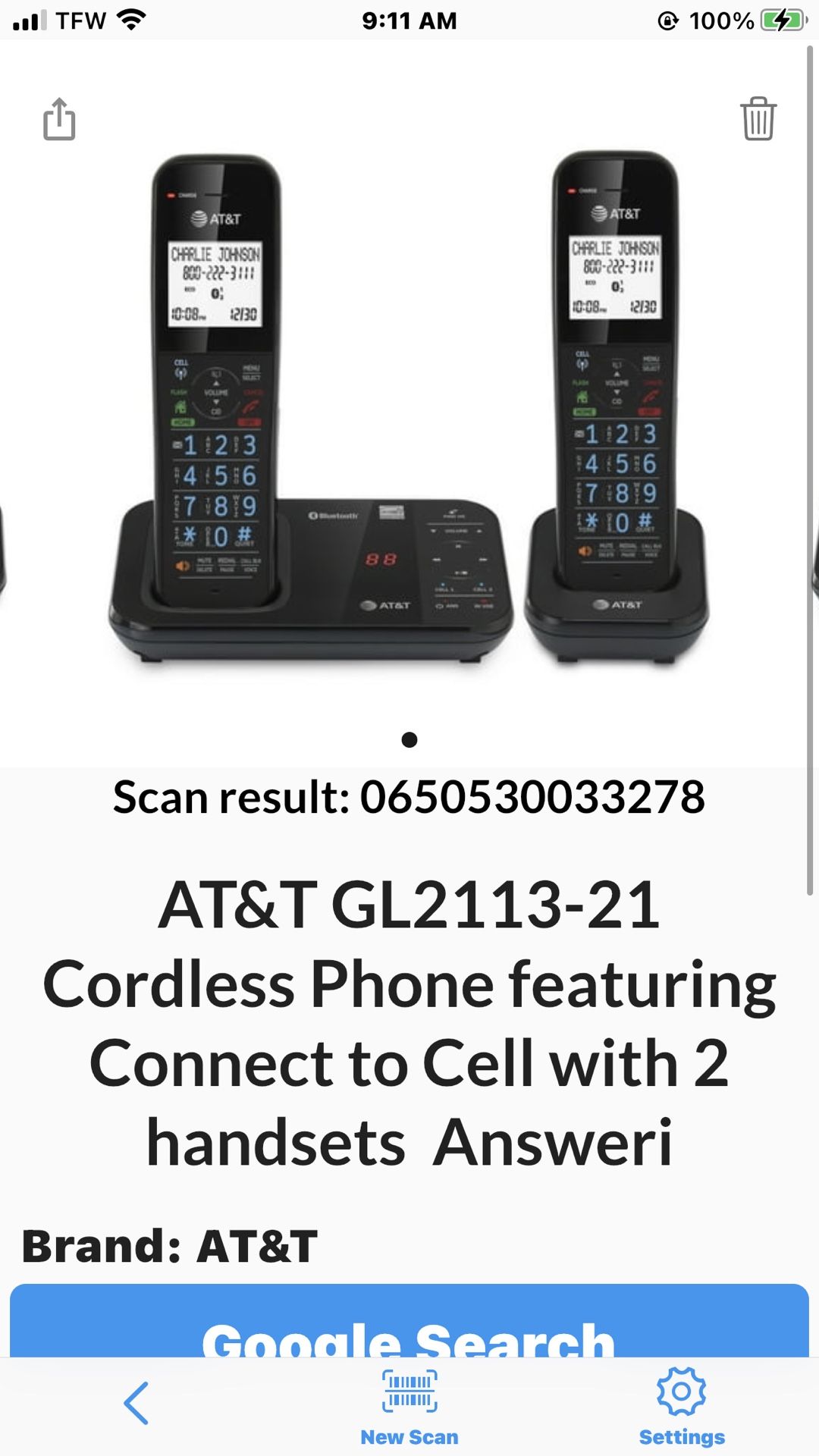 AT&T 2 Handset Connects To Cell Phones W/Call Screening & More Space In Answering System-NEW
