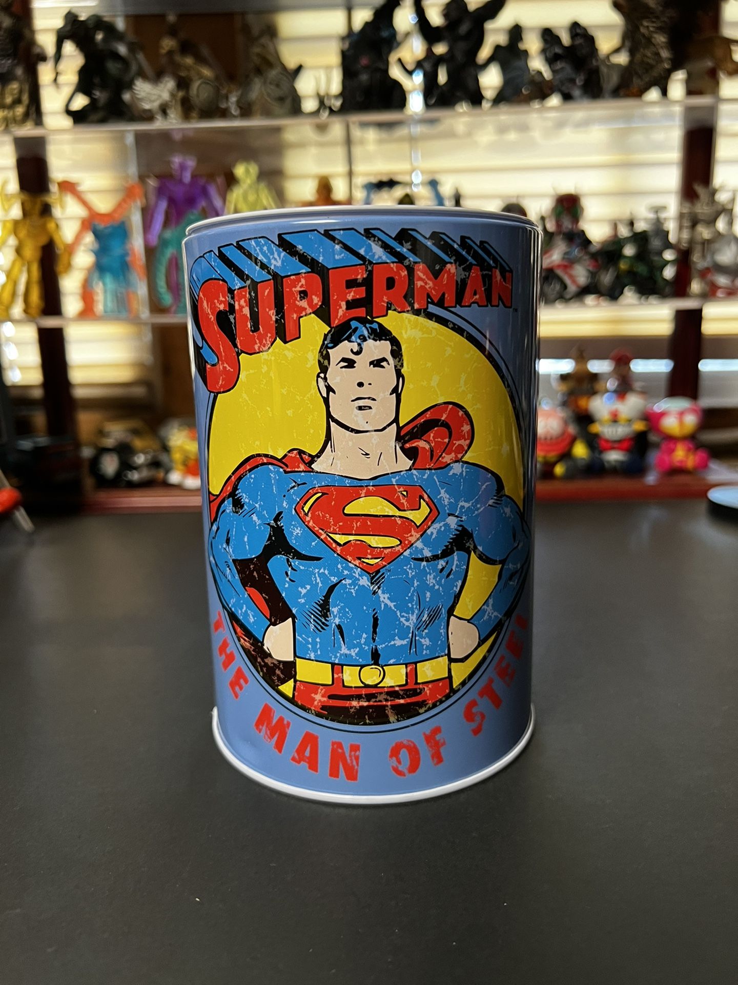 Superman, The Tin Box Company Coin Bank, Money Bank, 6 x 4 inches.
