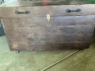 Antique Wooden Storage Trunk on Wheels