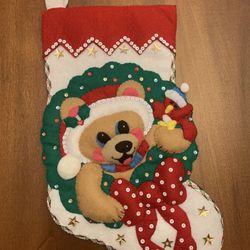 HAND MADE EMBROIDERED FELT CHRISTMAS STOCKING FINISHED ORNAMENT BEAR FINISHED NEW, FULLY LINED.