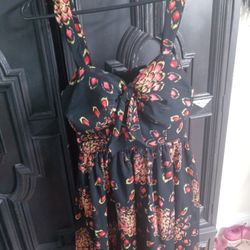 Little Black Dress With Red Peacock Feathers