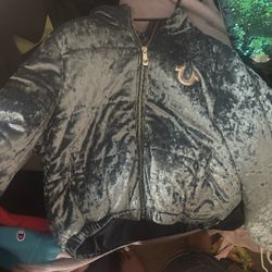 true religion XL  blue velvet puffer jacket 