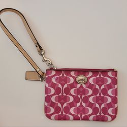 Coach Pink Coated Canvas Tan Leather Peyton Dream Signature Wristlet Wallet