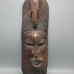 Vintage African Hand Carved Wooden Tribal Mask Wall Hanging 18"