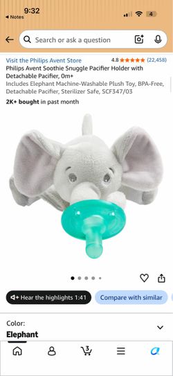 2x Philips Avent Soothie Snuggle Pacifier Holder with Detachable Pacifier, 0m+ Includes Elephant Machine-Washable Plush Toy, BPA-Free, Detachable Paci