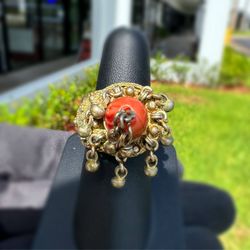 Vintage Jewelry .925 sterling silver coral 1.00CTW Chinese Gilt Inlay Ring size 9.00