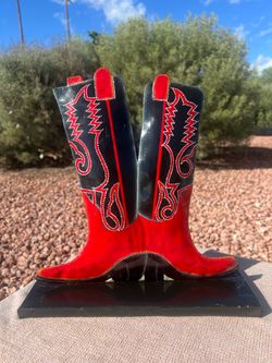 Vibrant Red Cowgirl Boots Metal Sculpture Southwest Western Home Decor chic retro Americana