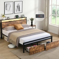 queen size bed frame and mattress with storage drawers and LED headboard