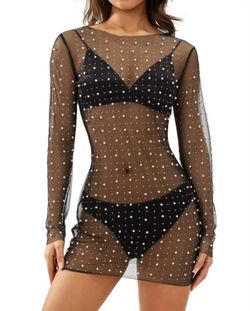 Small Women Vintage Cover-Up Dress Long Sleeve Crew Neck See-Through Pearl Slim Fit Summer Beach Dress