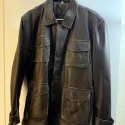 Brown Leather jacket Zipper And Buttons 