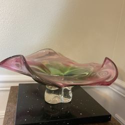 Freeform Vintage Pink$ Green Art Glass Bowl Mid-Century Hand Blown Murano Style Decor 6”x12”