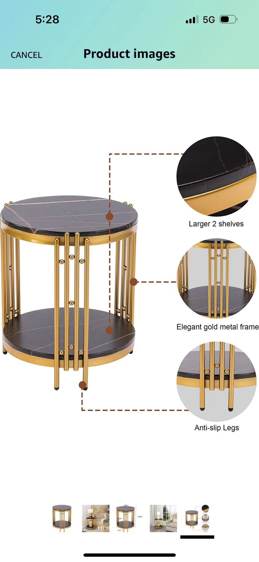 Round End Table,Round Side Table with Black Faux Marble Top,Bed Side Table/NightStand with Storage Shelves,Gold Side Table End Table Indoor for Living