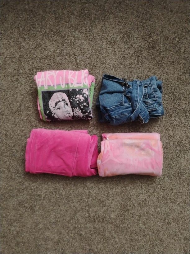 4 For 1-1 Pink Sweater, 1 Pant Overalls, 1 Jordan Jogger Sweatpants, 1 Flared Velour Pants Size Youth L (10-12)