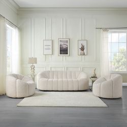 Sofa And Chair White Teddy Sherpa Fabric, Solid Wood Frame, Others. Chair W Swivel Function, Tight Seat And Back Cushion, Full Foam Seating. New 