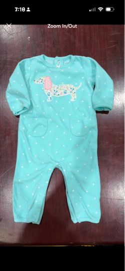 Carter’s Baby Girls Aqua Floral Dachshund Dog One-Piece Romper Outfit 6-9 mo.