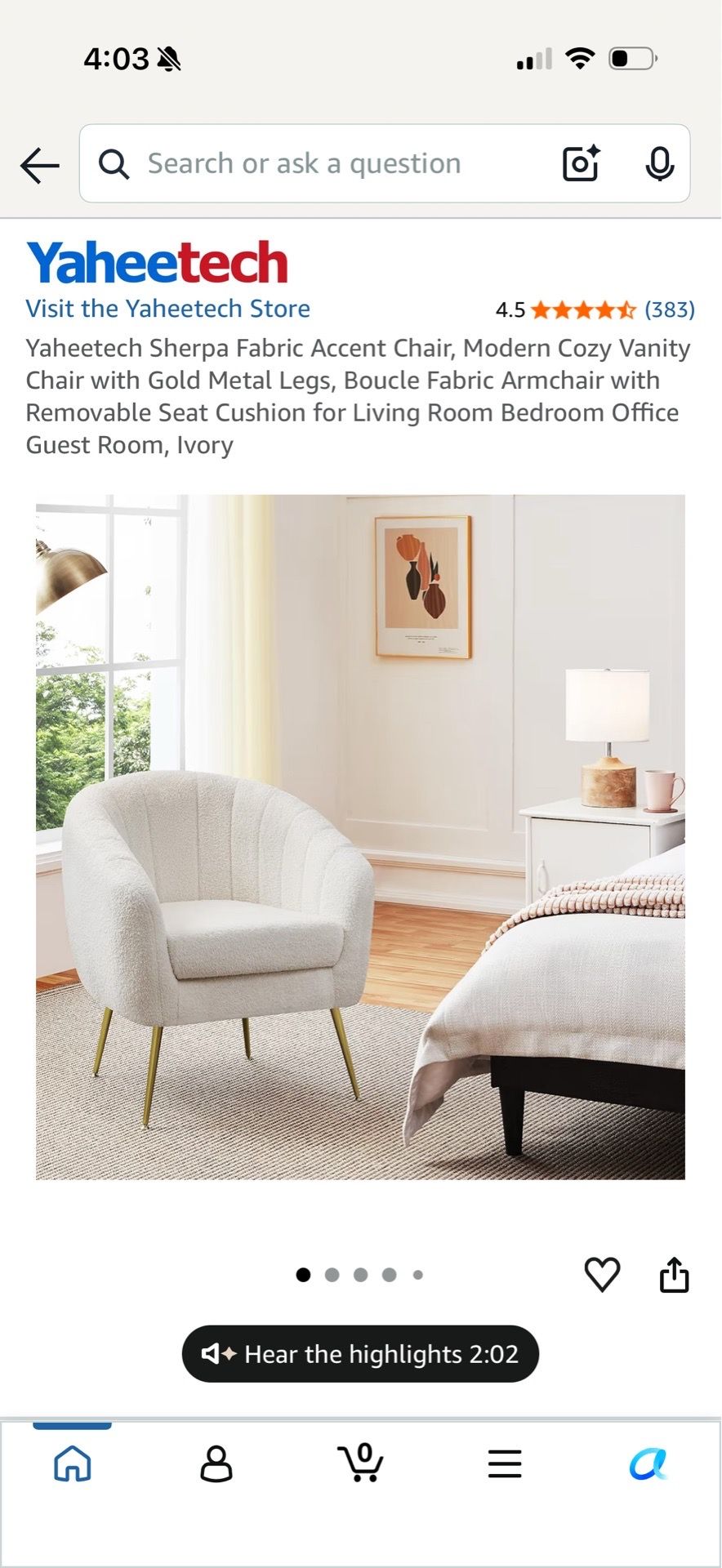 $50 Yaheetech Sherpa Fabric Accent Chair, Modern Cozy Vanity Chair with Gold Metal Legs, Boucle Ivory