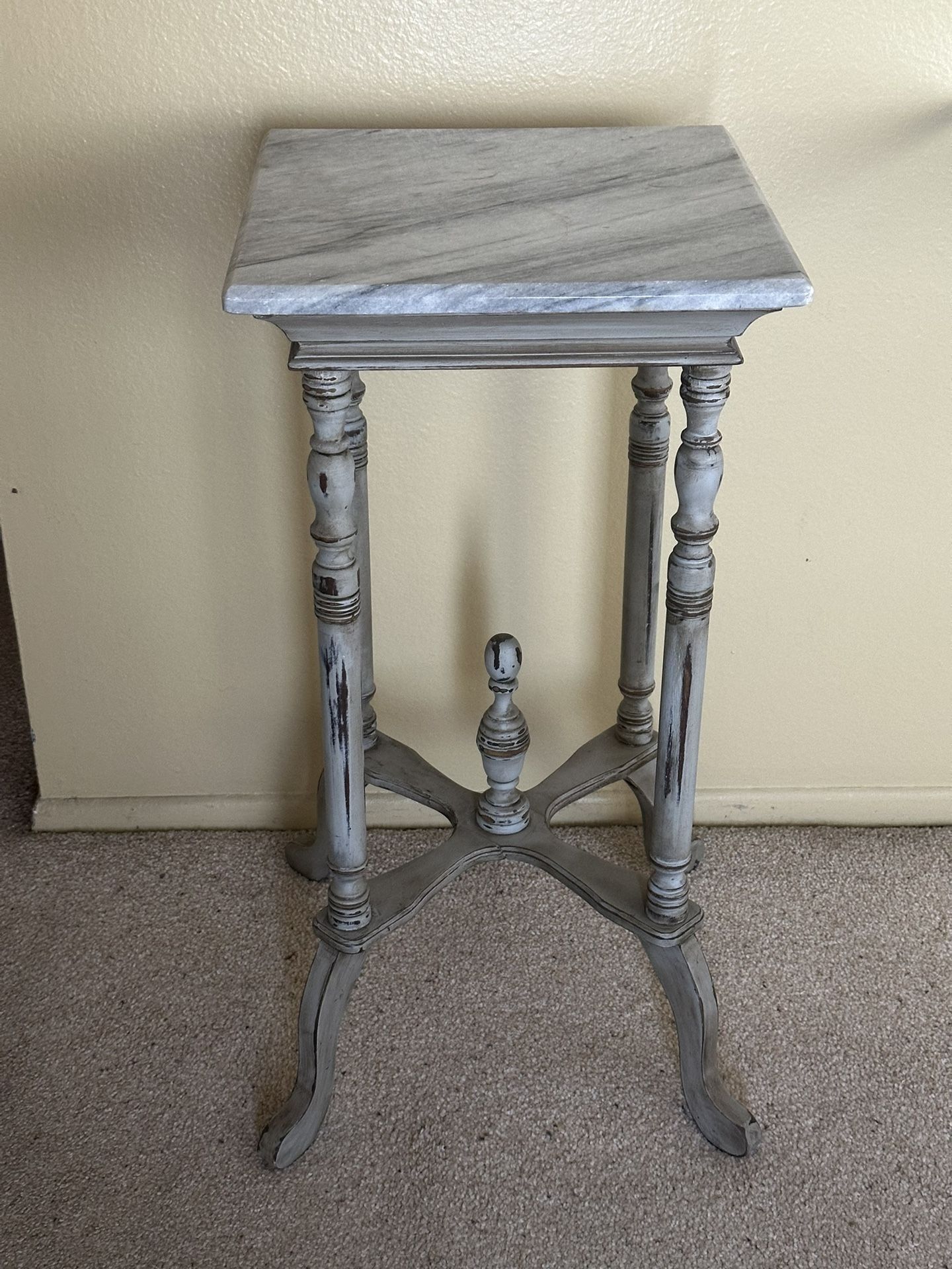 Antique Side End Art Display Table, Square Gray Stone Marble Top, Solid Wood Carved Base
