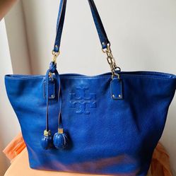 Tory Burch Gorgeous Soft Pebble Leather Tote Bag With Pom Poms