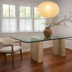 Vintage Post Modern Glass Dining Table w/ Travertine Stone Base