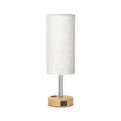 Fenmzee Bedside Table Lamp for Bedroom - 3 Way Dimmable Touch Lamp USB C Charging Ports and AC Outlet, Small Lamp Wood Base Round Flaxen Fabric Shade