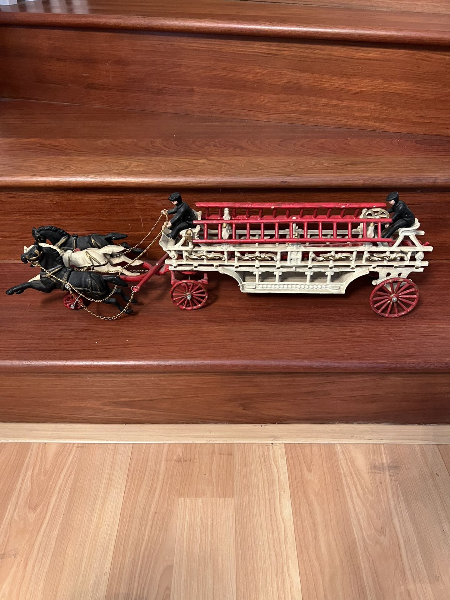 Vintage Cast Iron Horse Drawn Fire Wagon 29” X9”