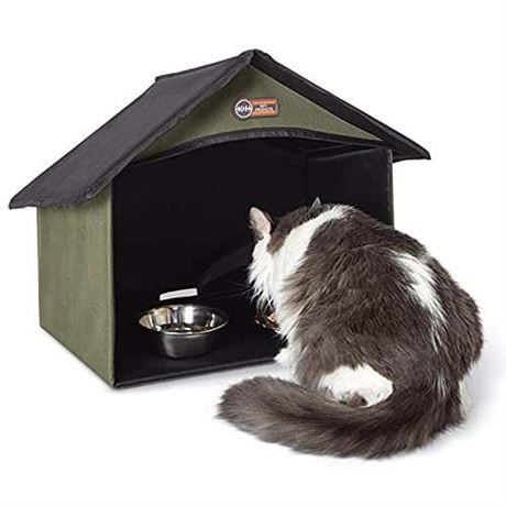 K&H Pet Products Outdoor Kitty Dining Room Outdoor Cat Shelter for Food & Water, Purrfect for Outdoor Feral Cats and Community Cats Olive 14 X 20 X 16