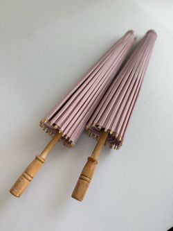 Set of 2 Pink Solid Paper Parasol Umbrellas with Wood Handles for Women