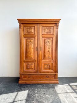 Large Antique Carved Wood Storage Cabinet / Armoire
