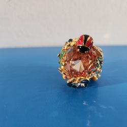 Large Multicolor Flower Ring with Ladybug/Butterfly & Amber Color Stone Size 8